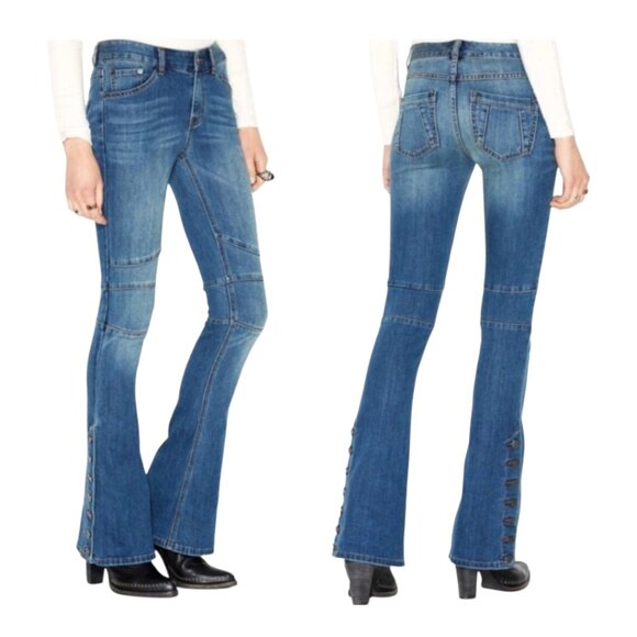 Free People Skylar Button-cuff Moto Flare Jeans Retro 70s Hippie Boho Women's 29 - Picture 2 of 8